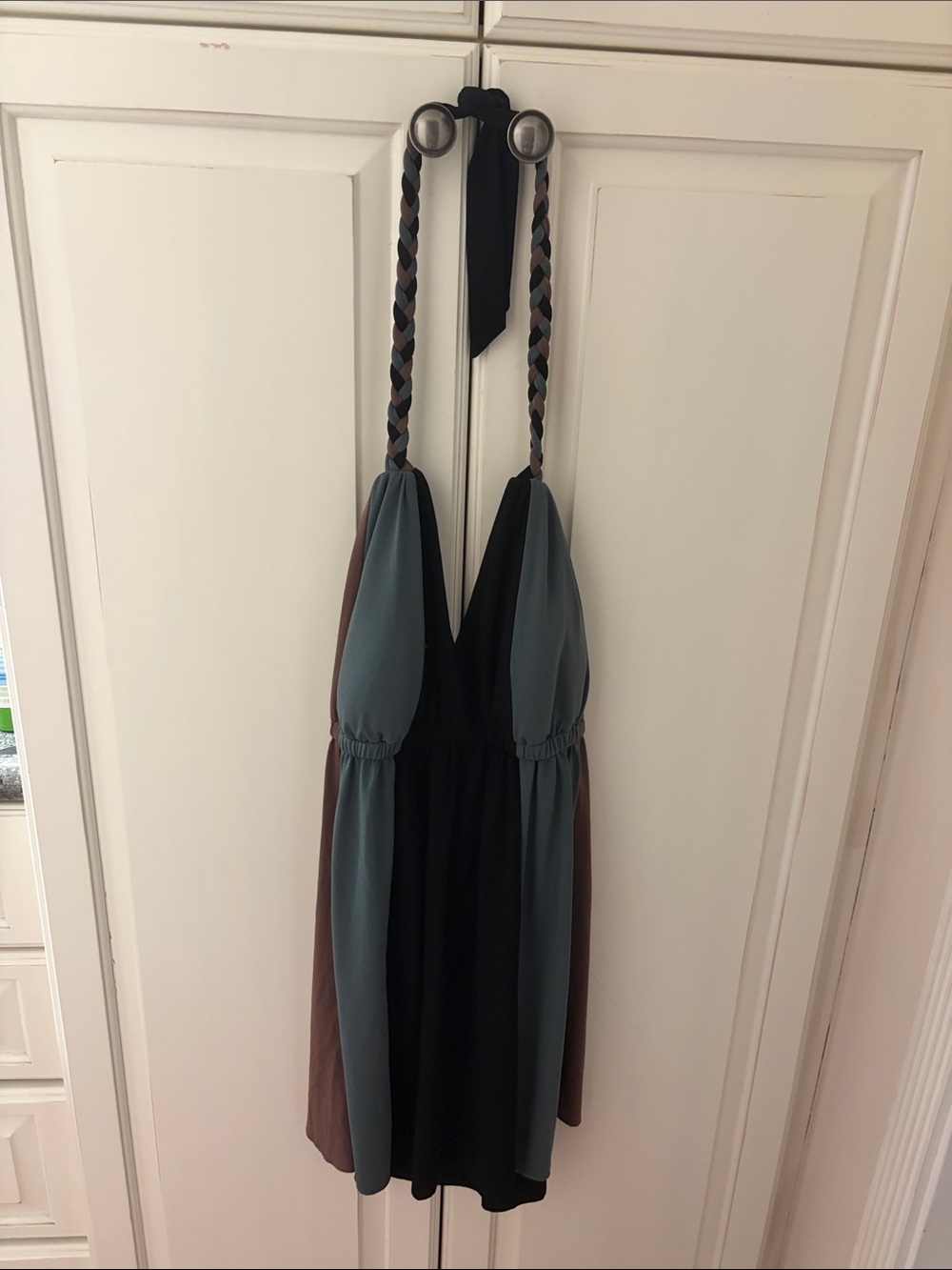 Sleeveless Braided-Strap Colorblock Dress in Black, Blue-Green, and Brown